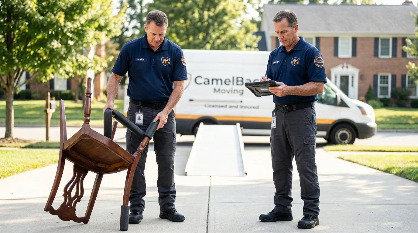 Movers inspecting furniture for damage prevention before loading in Wildomar, CA