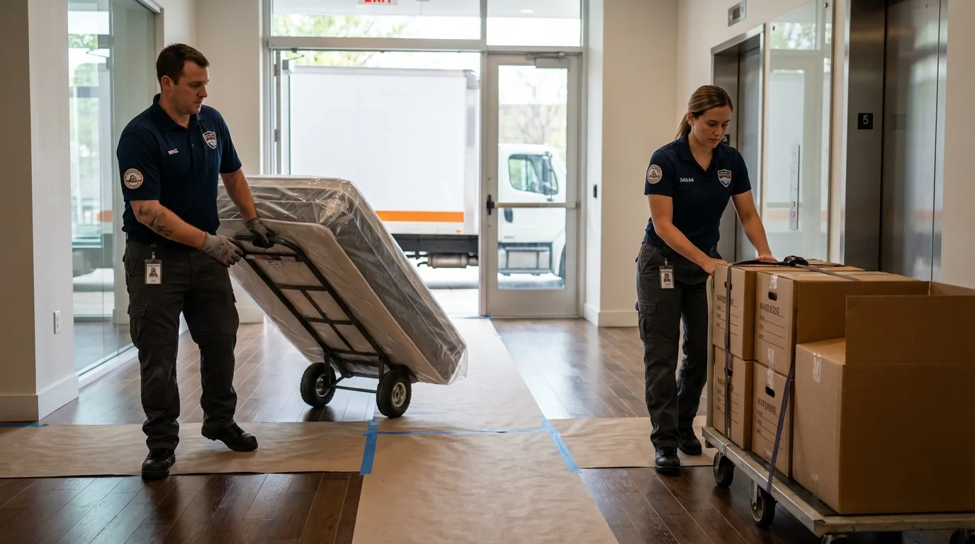 Professional apartment movers loading elevator in Wildomar, CA